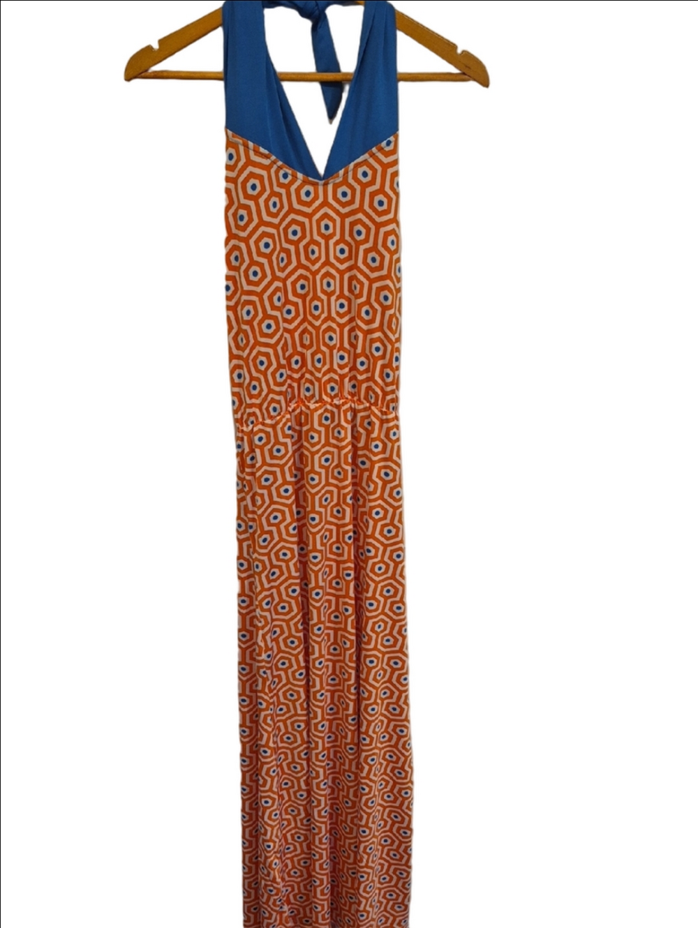 Mud Pie Leighton Blue Halter Maxi Dress with Orange Geometric Pattern NWT